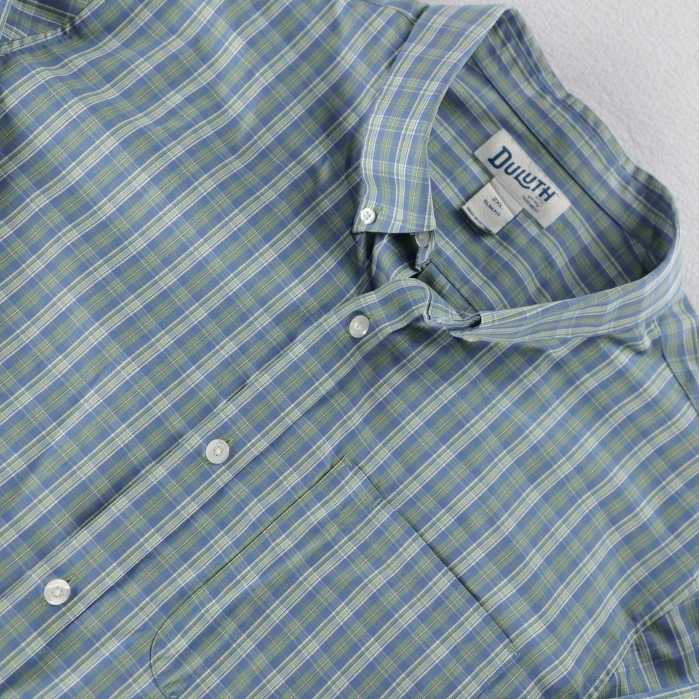 Duluth Trading Co Mens 2XL Slim Fit Plaid‎ Button Down Shirt Blue Green